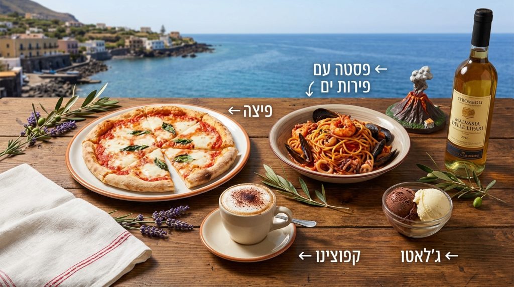 תמונה של אוכל בסטרומבולי - פסטה, פיצה, יין, קפה וגלידה