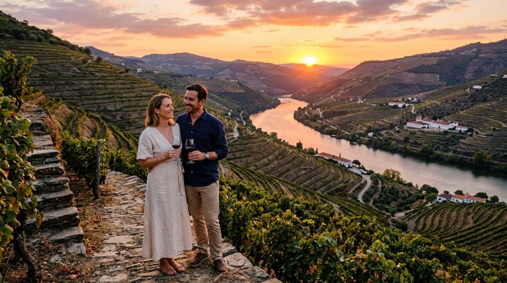  זוג עומד בשביל אבנים בתוך כרם בעמק דורו, אוחז בכוסות יין ומביט אל נוף הנהר והטרסות המוארות באור שקיעה חמים.