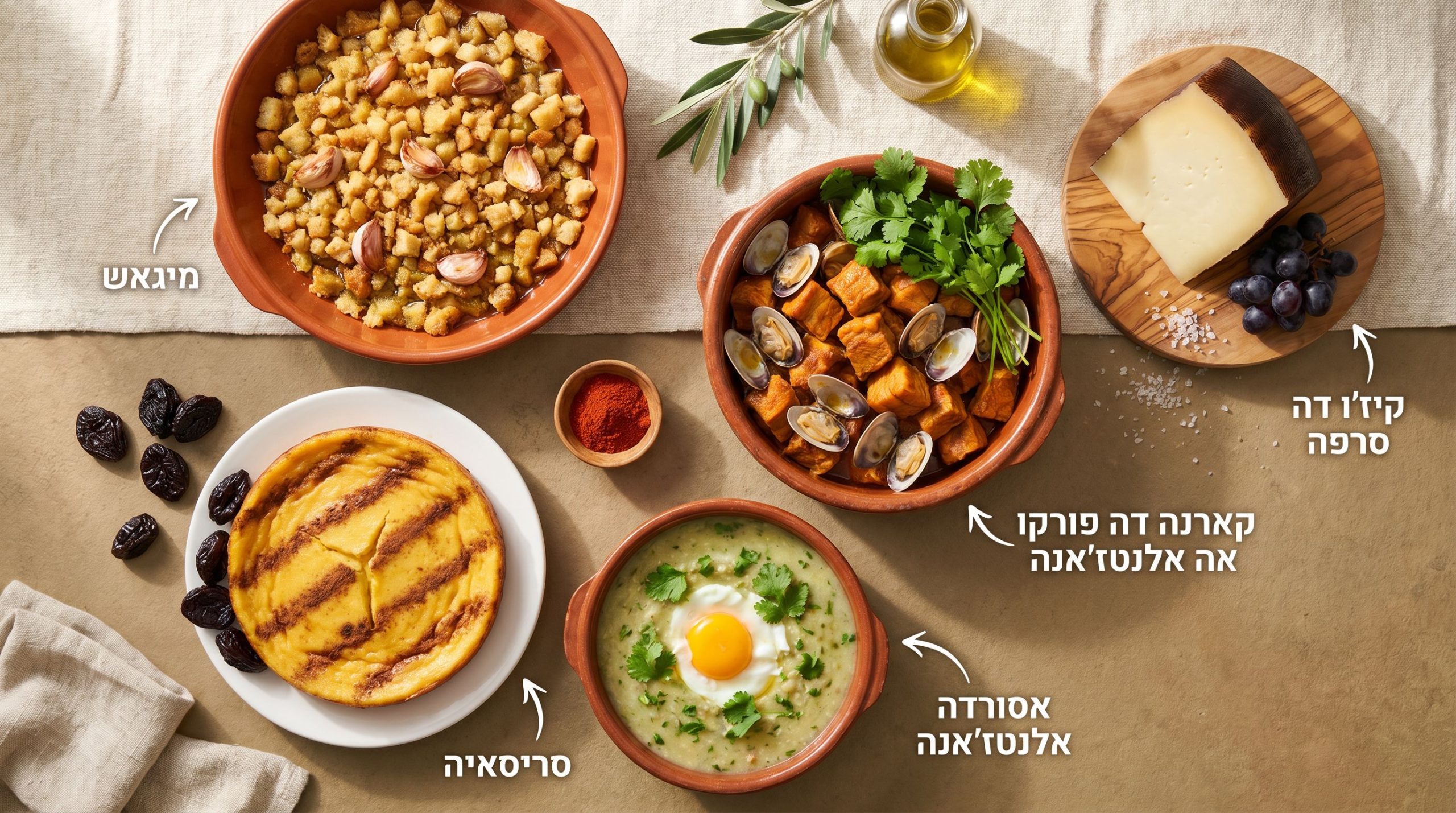 מנות מסורתיות של אזור אלנטז'ו - טלה צלוי וגבינת כבשים על שולחן כפרי