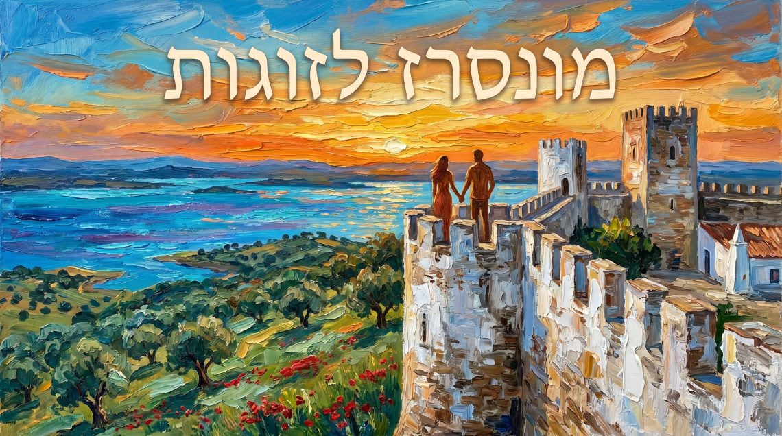 זוג ישראלי בשקיעה על חומות כפר מונסרז' מול אגם אלקבה - מדריך טיול רומנטי לפורטוגל
