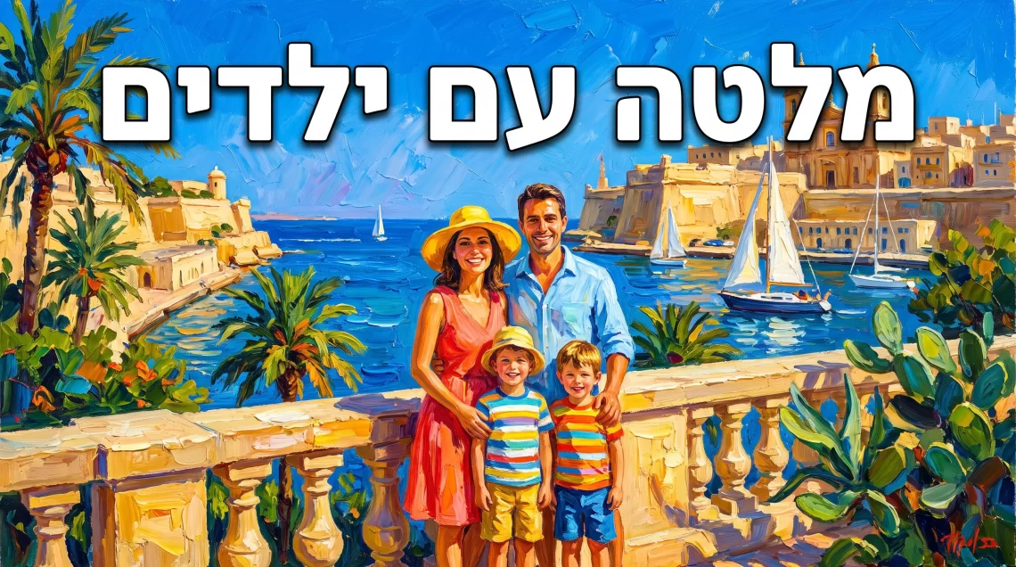 משפחה ישראלית עם ילדים קטנים בחוף מפרץ מליאה במלטה - מדריך טיול משפחתי